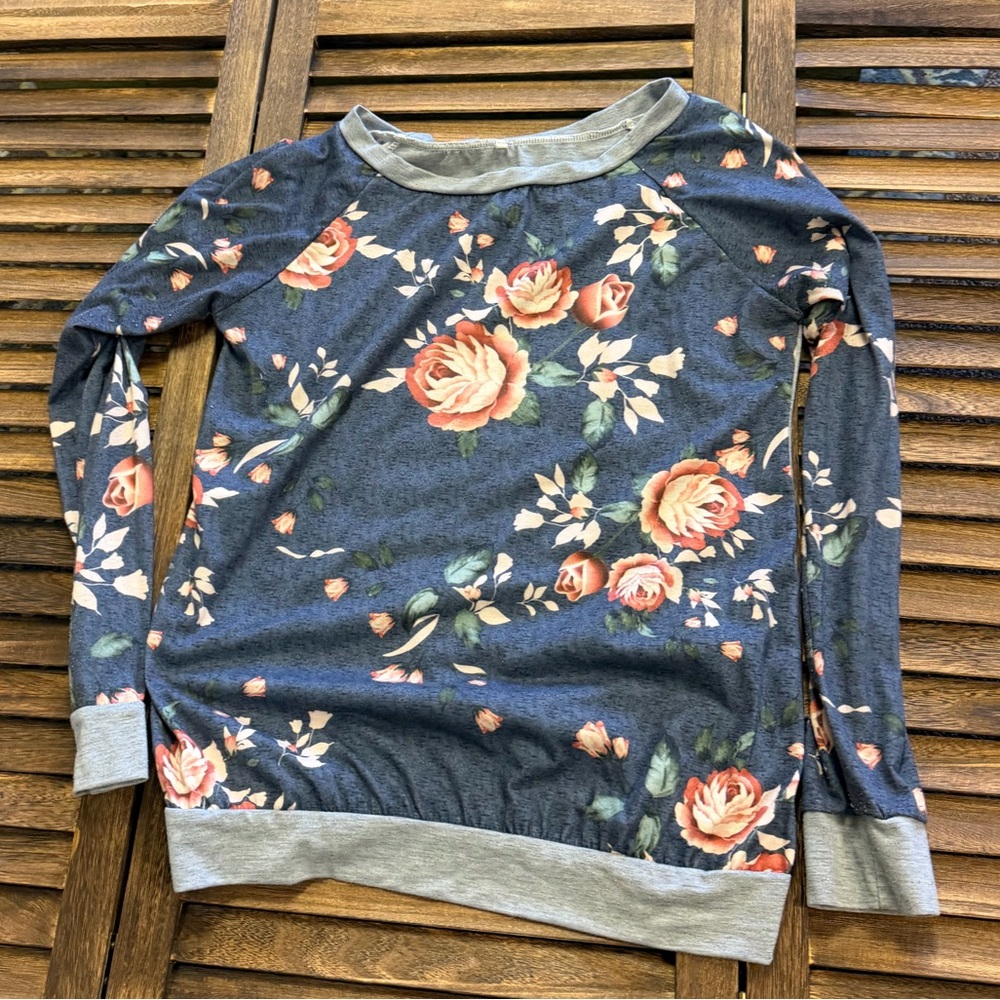 Floral Heathered Navy Long Sleeve Tee with Coral Pink Garden Rose & Heather Trim